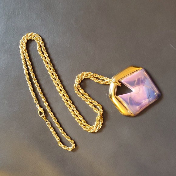 Jewelry - Vintage Gold Purple Blue Hand Painted Artist Signed Geometric Pendant Necklace
